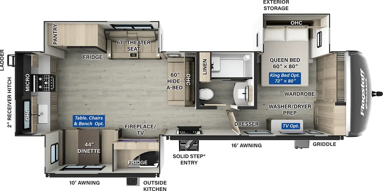 The Flagstaff Classic Travel Trailers 832RKSB has one entry and three slide outs. Exterior features include: fiberglass exterior, 10' & 16' awning and outside kitchen. Interiors features include: rear kitchen and front bedroom.